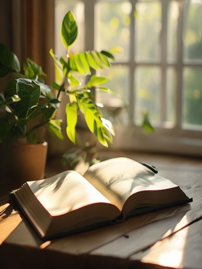 Open notebook and pen on wooden desk with warm morning light
