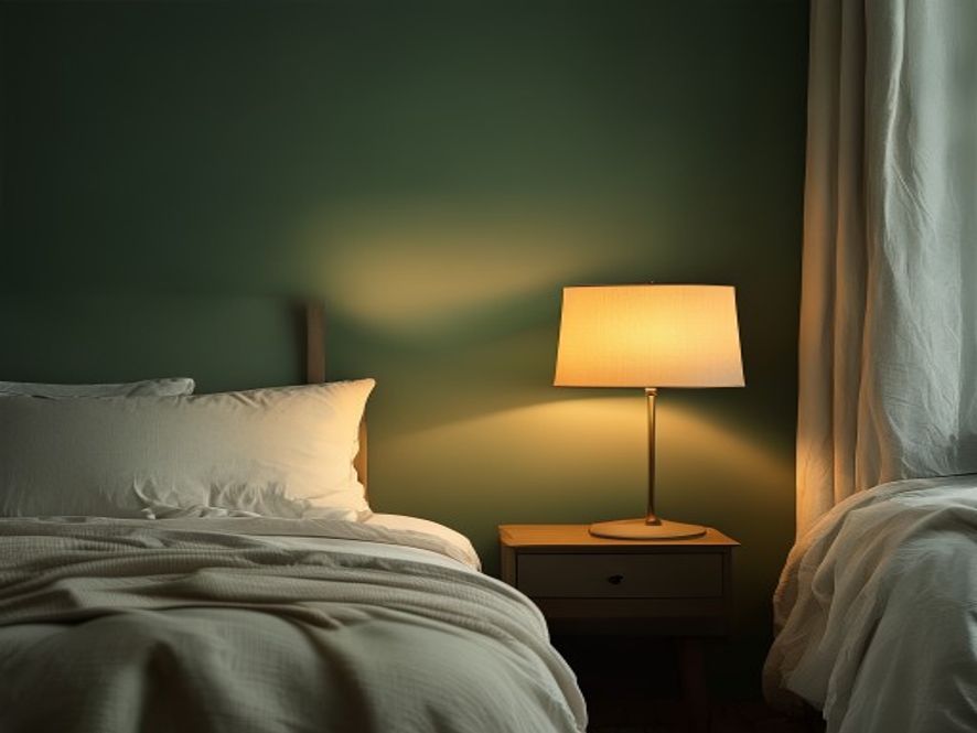 Warm bedside lamp casting soft glow in darkened bedroom