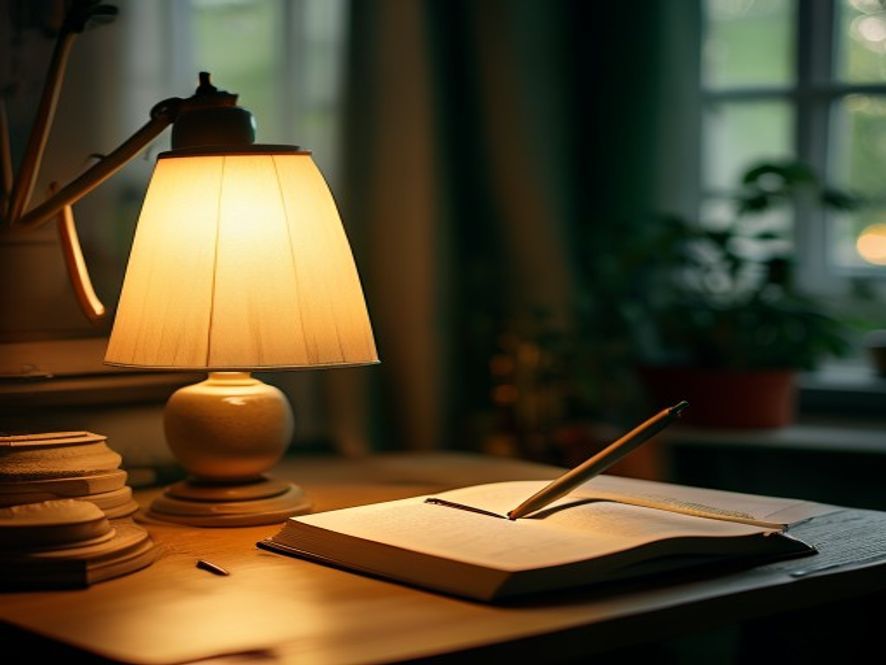 Open journal on desk with warm lamplight and calming workspace setup